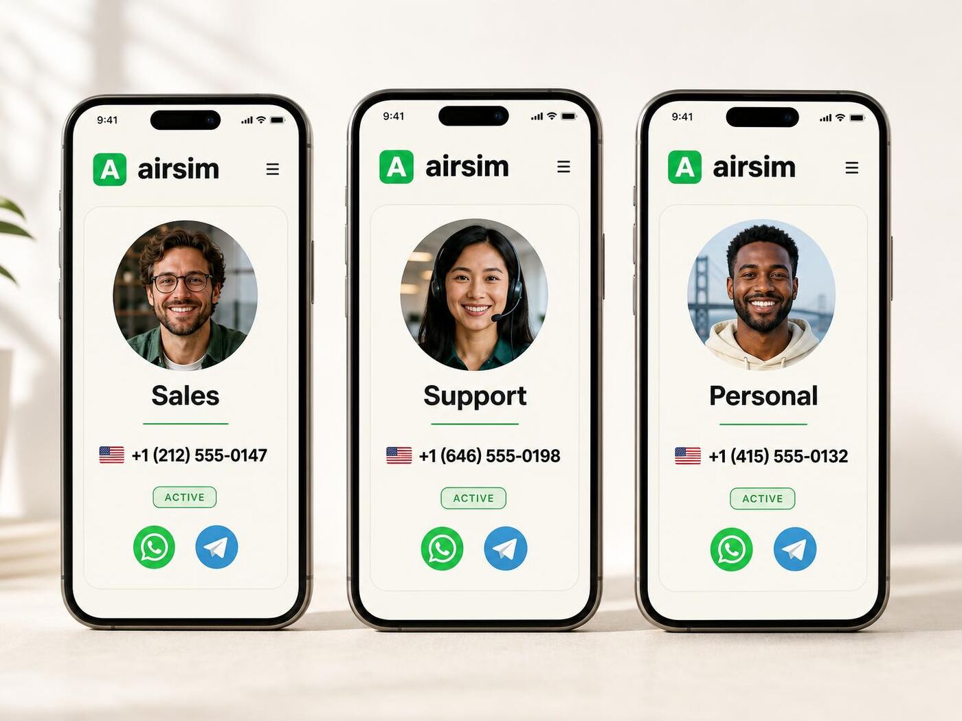 Three phones side by side showing named Airsim numbers for sales, support and personal use